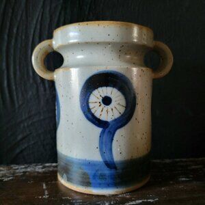 Vtg MCM Abstract Flower Design Vase Vintage Pot, Double Handle Vase, MCM Vase